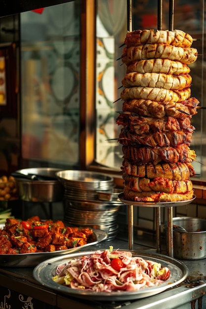 A large vertical shawarma meat on the cooking machine