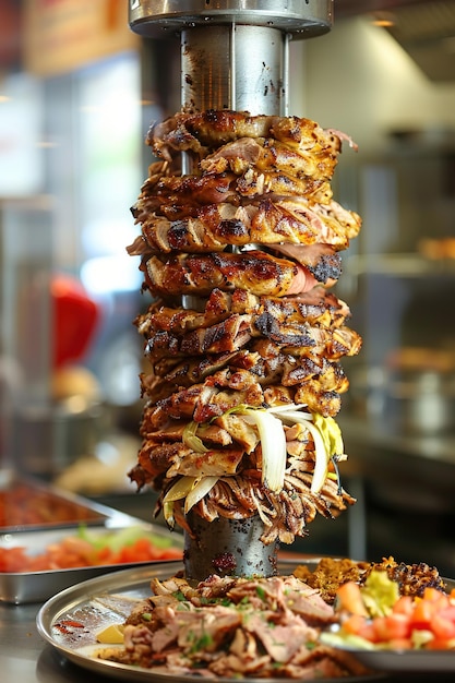 A large vertical shawarma meat on the cooking machine