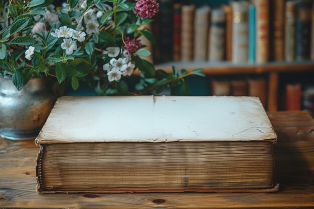 Large vintage book resting on wooden table in front of bookshelf