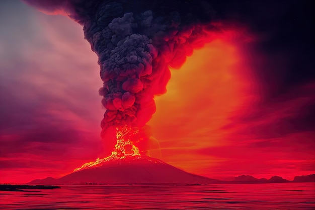 A large volcano erupting hot lava and gases into the atmosphere 3D Illustration