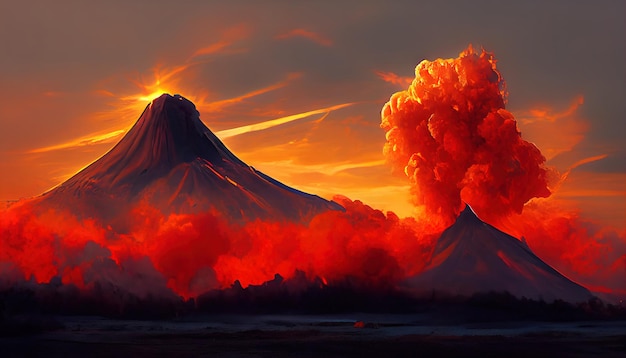 A large volcano erupting hot lava and gases into the atmosphere 3D Illustration