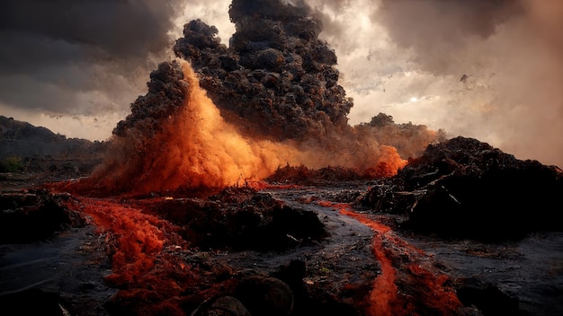 A large volcano erupting hot lava and gases into the atmosphere Illustration