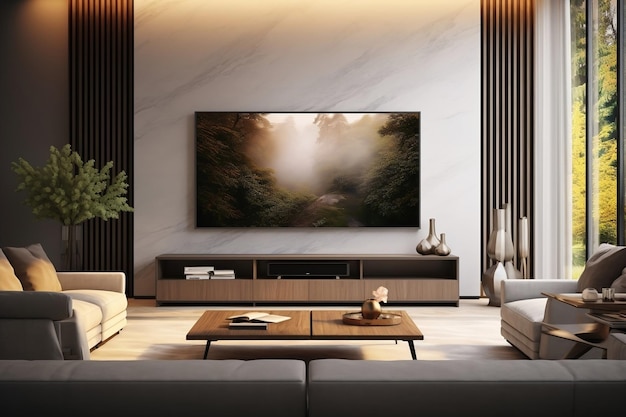 Large WallMounted TV Screen in Contemporary Living Room Generative AI