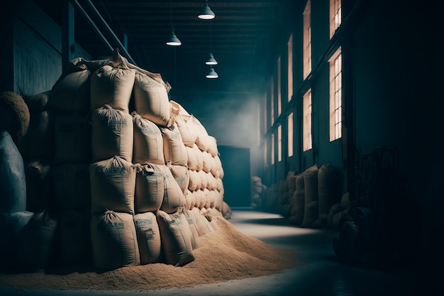 A large warehouse filled with bags of soybeans