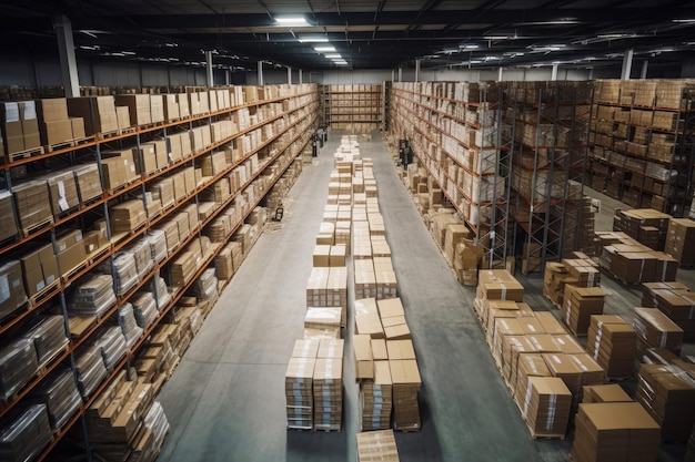 Large warehouse filled with lots of boxes and pallets of boxes on shelves Generative AI