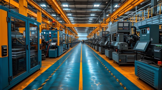 a large warehouse with a blue floor and a blue floor with a yellow line that says the company