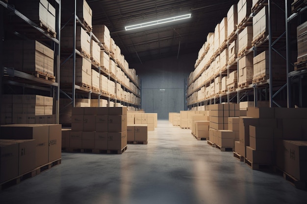 A large warehouse with boxes Rows of shelves with goods boxes in modern industrial warehouse store at factory warehouse storage