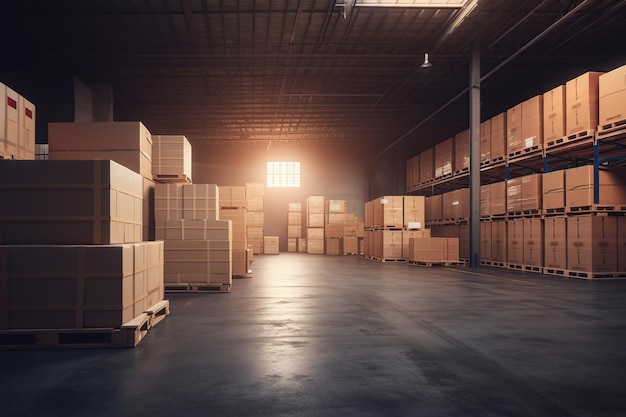 A large warehouse with boxes Rows of shelves with goods boxes in modern industrial warehouse store at factory warehouse storage