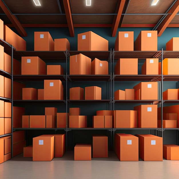 A large warehouse with orange cardboard boxes on the shelves