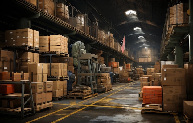 A large warehouse with pallets and boxes