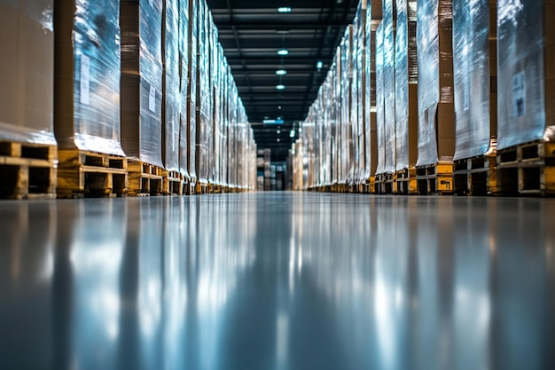 Photo large warehouse with rows of shelves filled with cardboard boxes representing logistics storage and distribution