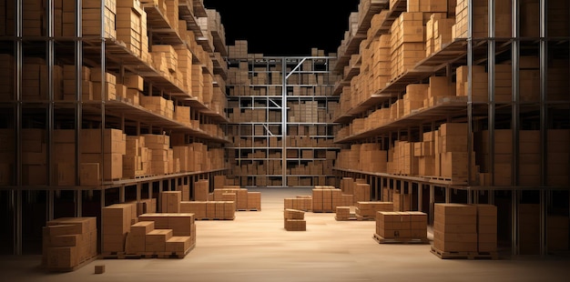 Large Warehouse with Shelves Full of Boxes for Shipping extreme closeup Generative AI