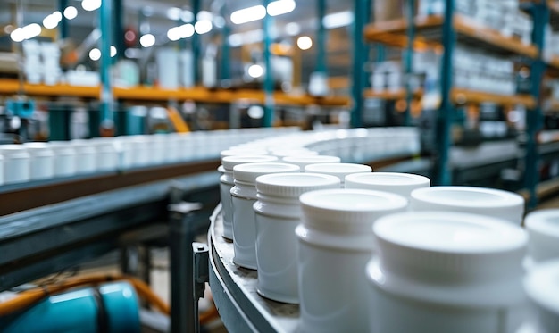 a large warehouse with white containers on the side and one white one with a white bucket on the bottom