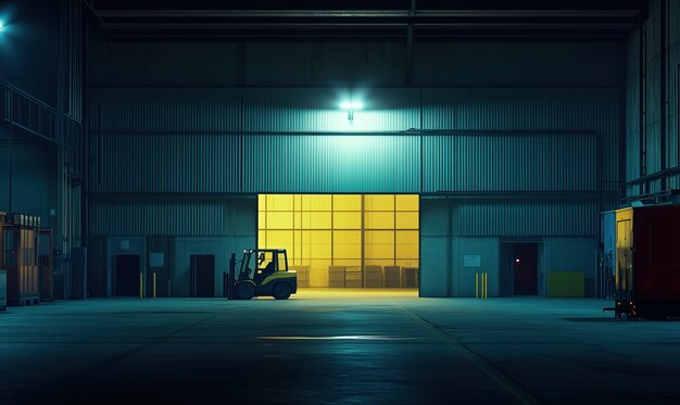 Photo a large warehouse with a yellow door and a forklift parked outside the warehouse is empty and the only light source is a bright yellow light