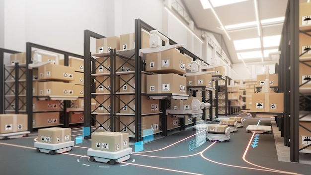 Large warehouses use robotic arms and delivery robots to pick up the goods using automation in product management warehouse and technology connectivity 3D rendering