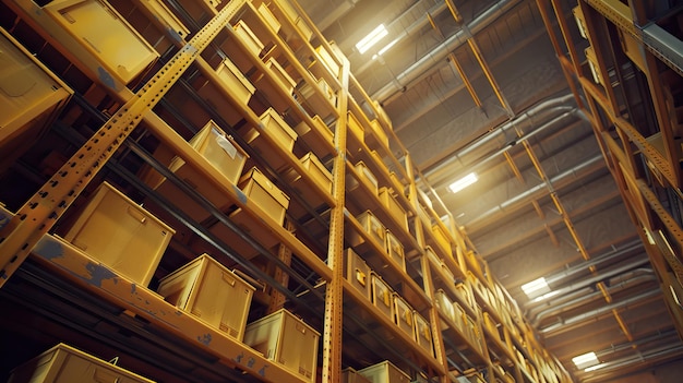 Photo large warehouses with rows of stacked boxes in industrial settings ai generated image