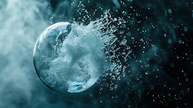 A large water bubble is bursting in midair with water droplets spraying out