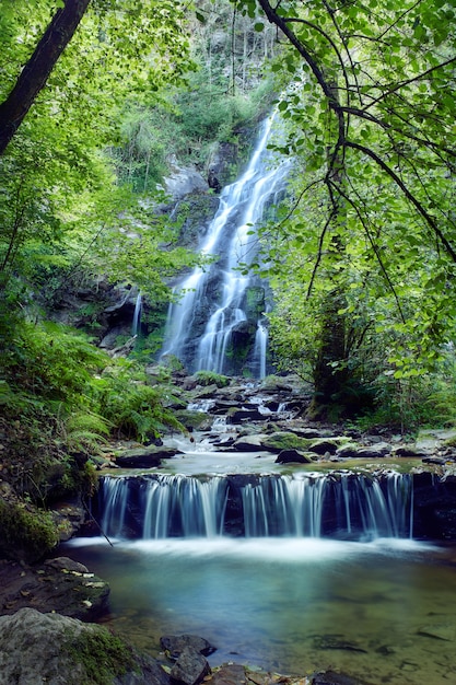 Large waterfall formed in the area of Galicia known as Las Hortas waterfall.