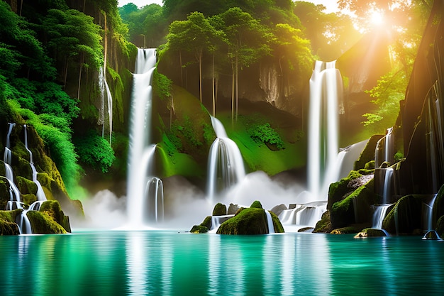 a large waterfall in the middle of a lush green forest