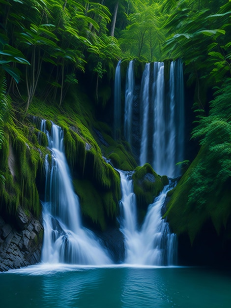 a large waterfall in the middle of a lush green forest