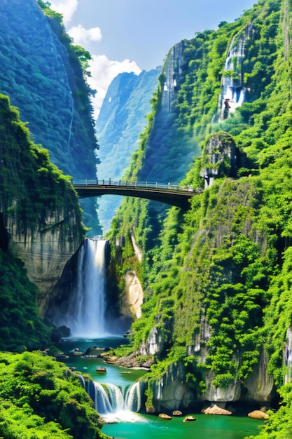 a large waterfall in the middle of a lush green forest