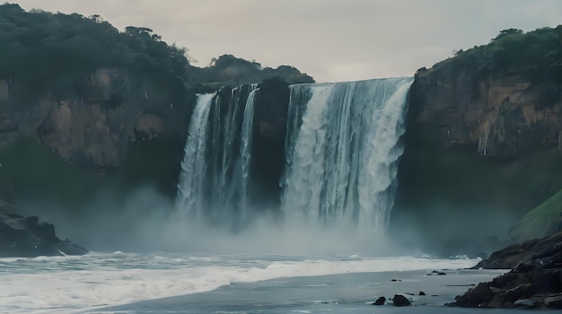 Photo a large waterfall that is flowing over a cliff