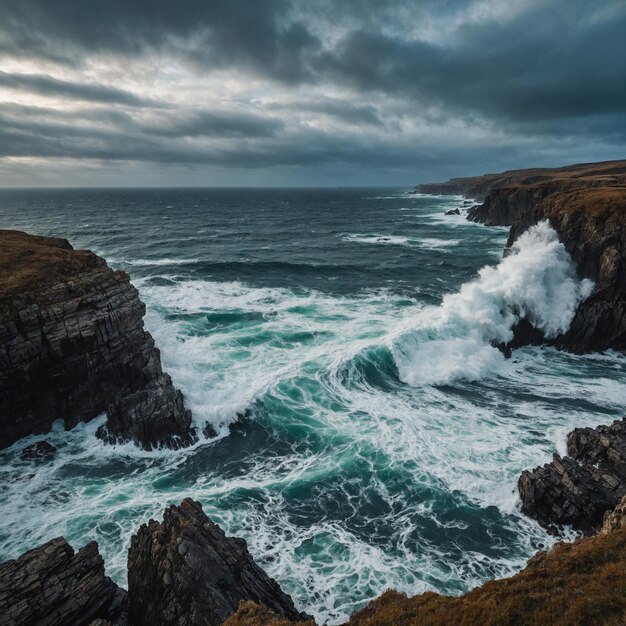 a large wave breaking on a cliff face with a cloudy sky above