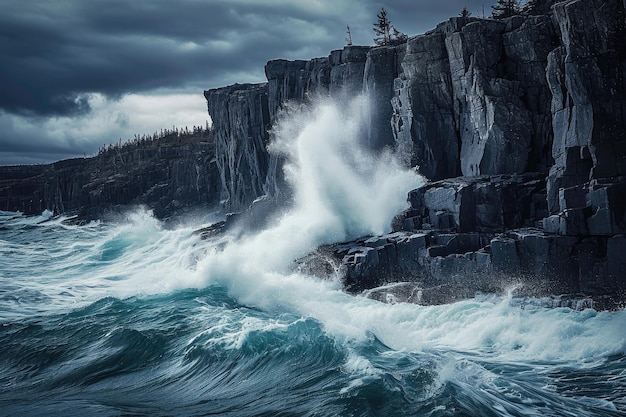 a large wave crashes over a cliff on the ocean Photograph the power and energy of crashing ocean waves against rugged cliffs