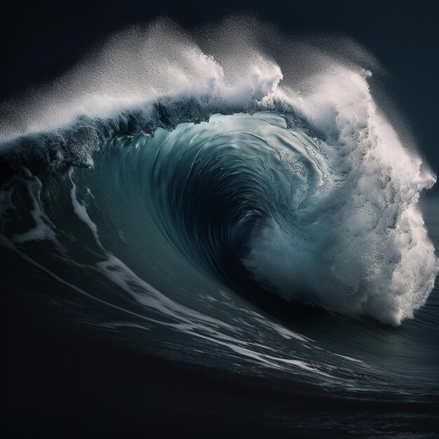 A large wave is crashing against a dark background.