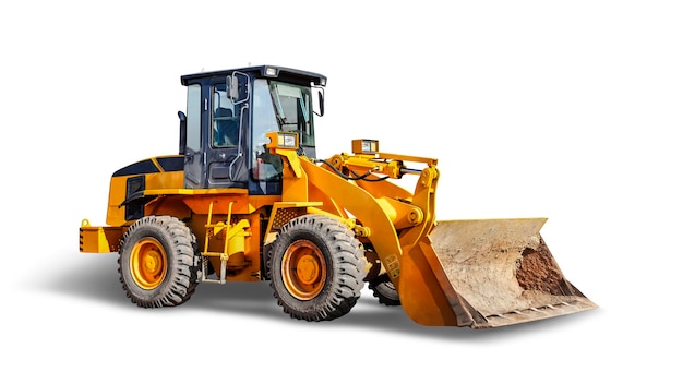 Large wheeled front loader or bulldozer on a white isolated background construction machinery Element for design Transportation and movement of bulk materials Excavation