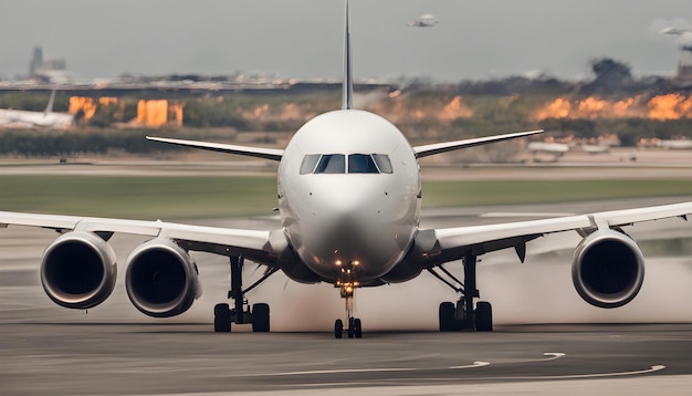 a large white airplane is on the runway and it is about to take off