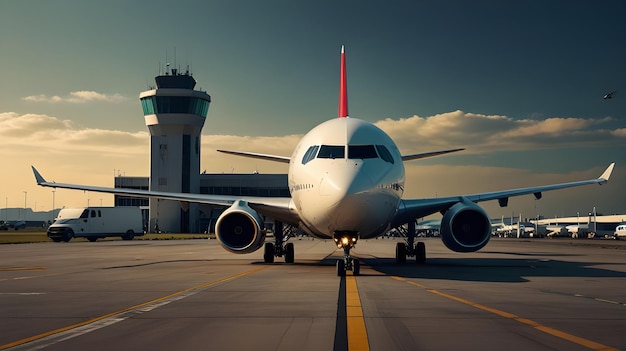 a large white airplane is on the runway with the control tower in the background