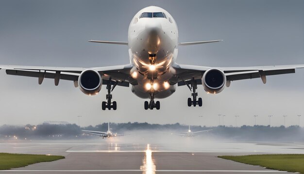 a large white airplane is taking off from a runway