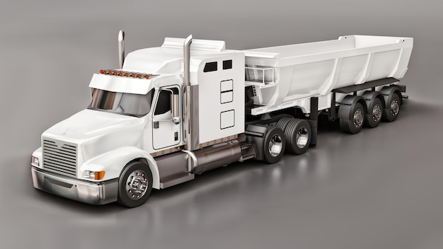 Large white American truck with a trailer type dump truck for transporting bulk cargo on a gray background. 3d illustration.