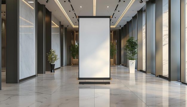 a large white banner in a lobby with trees and plants