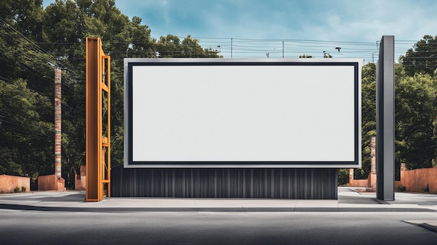 a large white billboard in front of a building with trees in the background