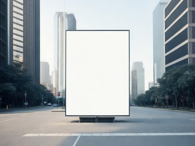 A large white billboard is in the middle of a street.