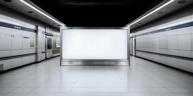 A large white billboard in a subway station with a subway station and a subway train.