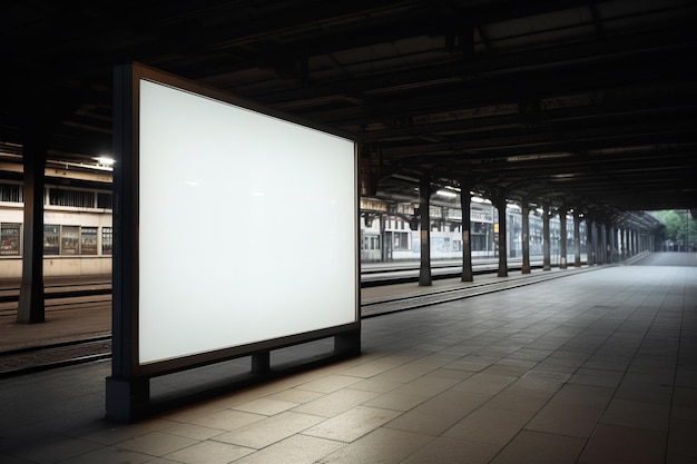 A large white billboard in a train station