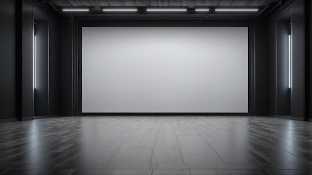 large white blank screen in empty black room background