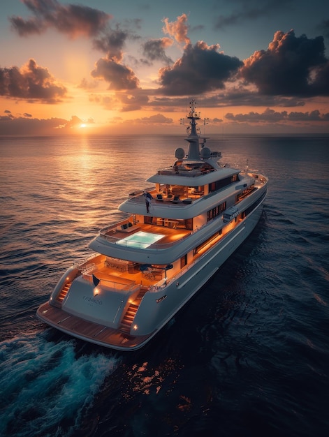 a large white boat with a sunset in the background