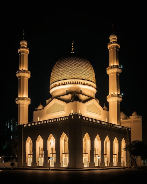 A large white building with a dome on the top that says the word ramadan.