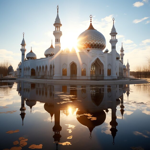 a large white building with domes and a pond with water