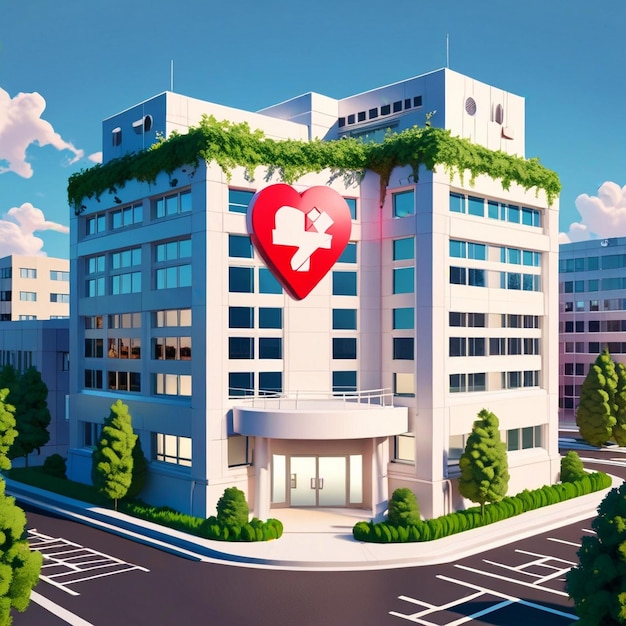 a large white building with a heart on the front