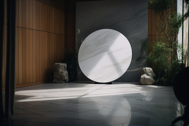 A large white circle in a room with plants on the wall.