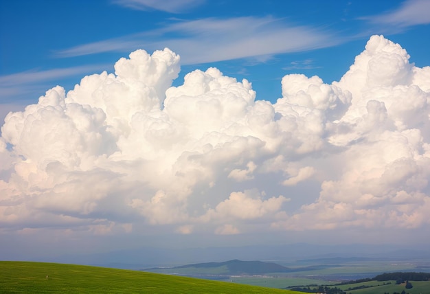 Photo a large white cloud in the sky above a green field