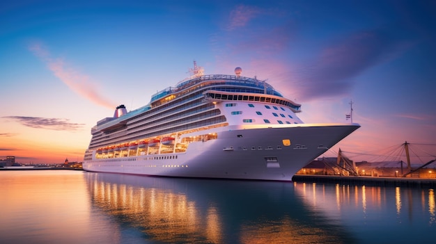 A large white cruise ship stands near the pier at sunset side view Summer vacation travel adventure hot tour