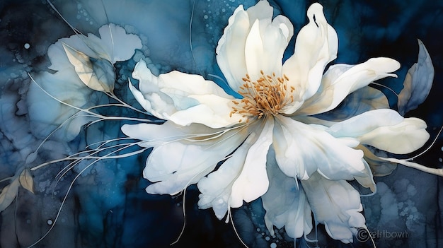 Large white flower and dark blue background drawn Generative AI