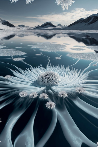 Large white flower floating on top of a body of water generative ai