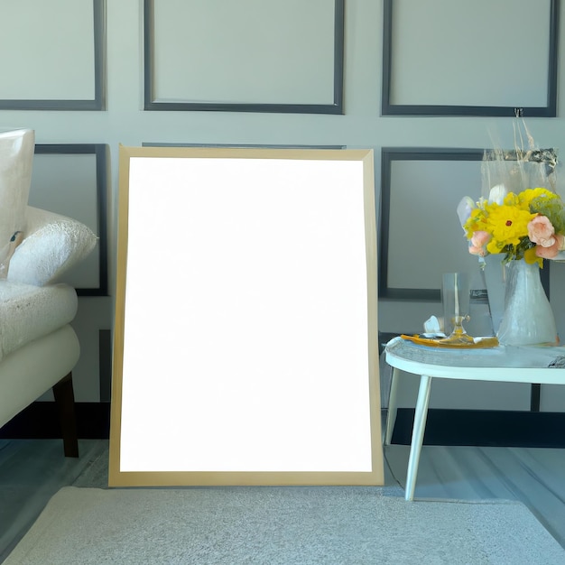 A large white frame sits on a white rug next to a coffee table with a vase of flowers on it.